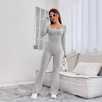 Женски гащеризон, корейски стил, дълъг ръкав, средна талия, прави панталони, полиестер