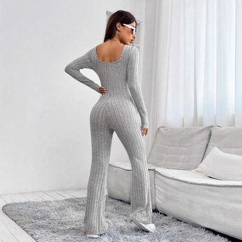 Женски гащеризон, корейски стил, дълъг ръкав, средна талия, прави панталони, полиестер