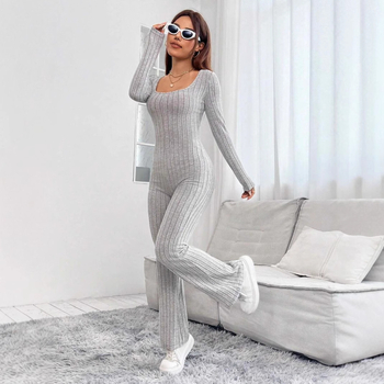 Женски гащеризон, корейски стил, дълъг ръкав, средна талия, прави панталони, полиестер