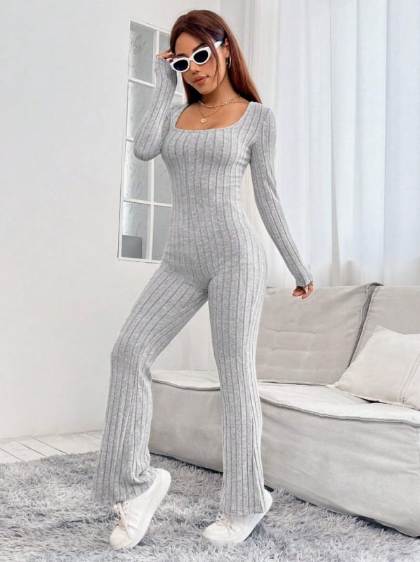 Женски гащеризон, корейски стил, дълъг ръкав, средна талия, прави панталони, полиестер