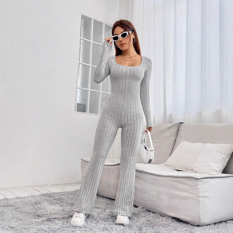 Женски гащеризон, корейски стил, дълъг ръкав, средна талия, прави панталони, полиестер