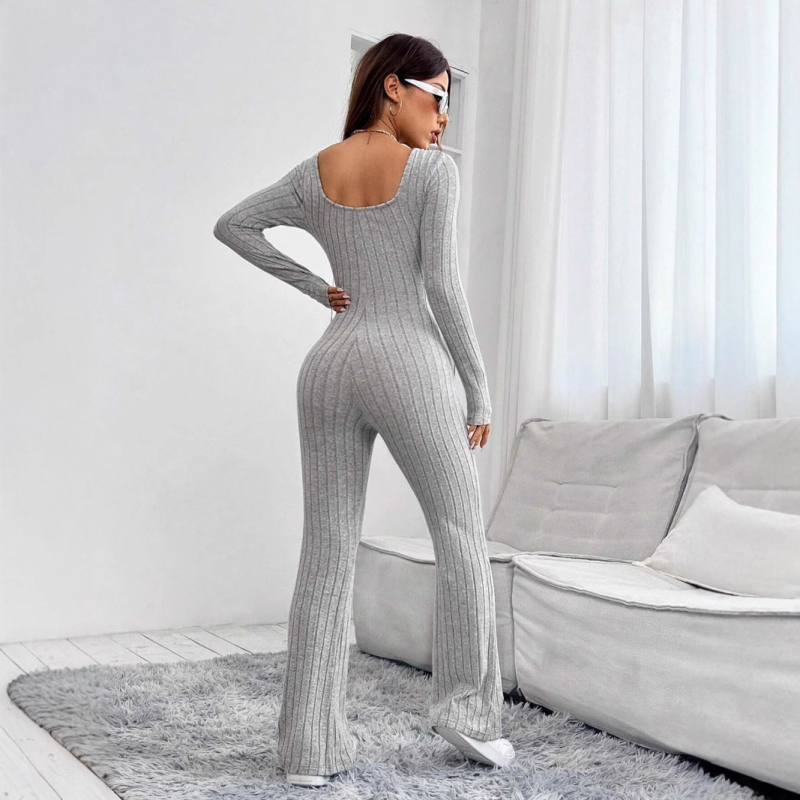 Женски гащеризон, корейски стил, дълъг ръкав, средна талия, прави панталони, полиестер