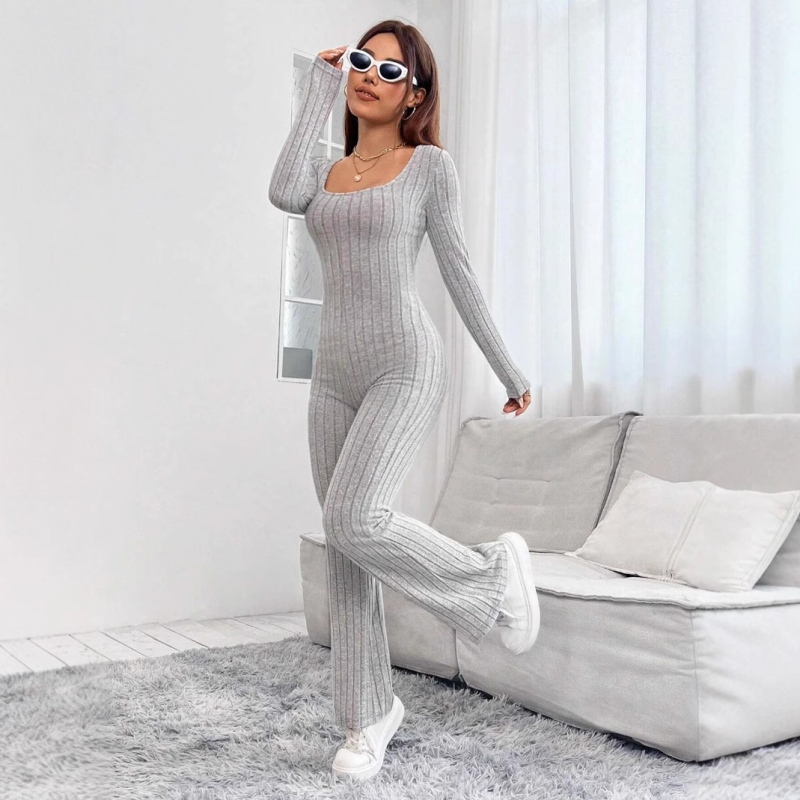 Женски гащеризон, корейски стил, дълъг ръкав, средна талия, прави панталони, полиестер