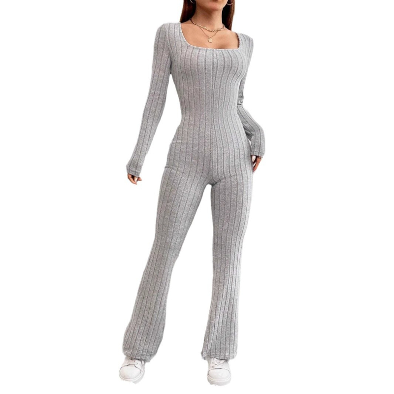 Женски гащеризон, корейски стил, дълъг ръкав, средна талия, прави панталони, полиестер