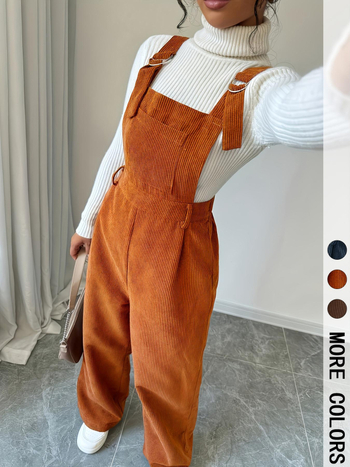 Дамски гащеризон Corduroy с презрамки, свободен правоходен силует, еластична талия, полиестер 95%+