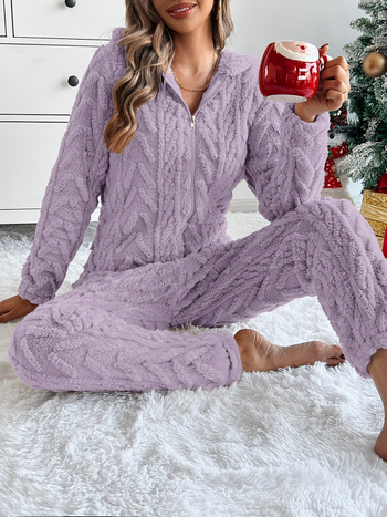 Плюшен гащеризон с дълги ръкави, пуловер стил, дебела полиестерно-органична памучна смес, свободна талия, прав крачол, есен-зимен сезон 2025