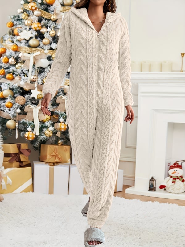 Плюшен гащеризон с дълги ръкави, пуловер стил, дебела полиестерно-органична памучна смес, свободна талия, прав крачол, есен-зимен сезон 2025