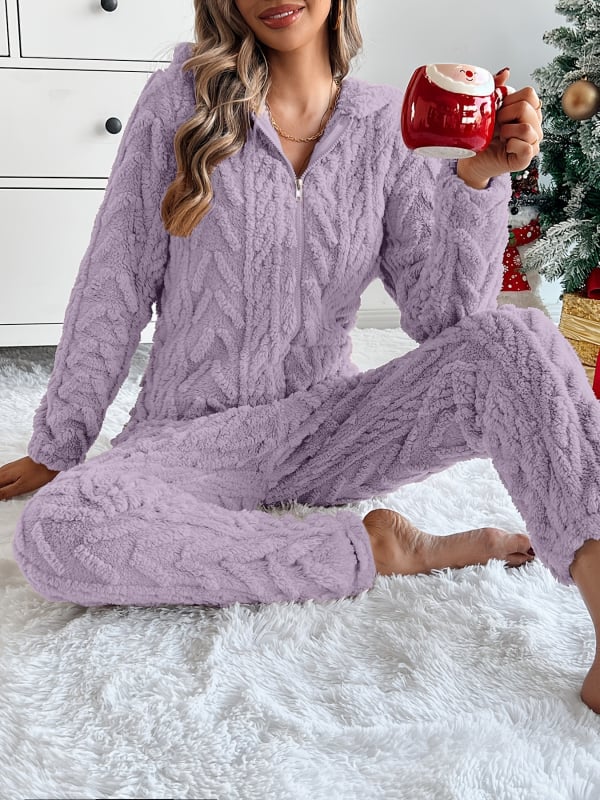 Плюшен гащеризон с дълги ръкави, пуловер стил, дебела полиестерно-органична памучна смес, свободна талия, прав крачол, есен-зимен сезон 2025