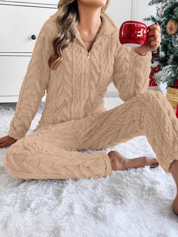 Плюшен гащеризон с дълги ръкави, пуловер стил, дебела полиестерно-органична памучна смес, свободна талия, прав крачол, есен-зимен сезон 2025