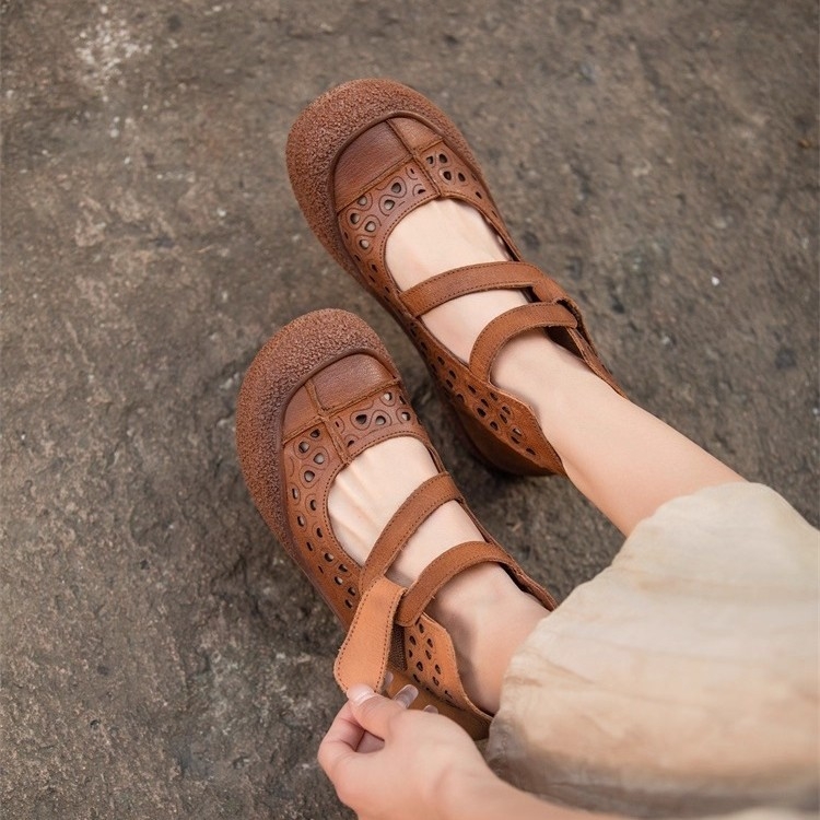 Дамски обувки Lazy с дебела подметка — дишащ PU връх, кръгла пръст, нисък профил, велкро закопчаване, ретро стил