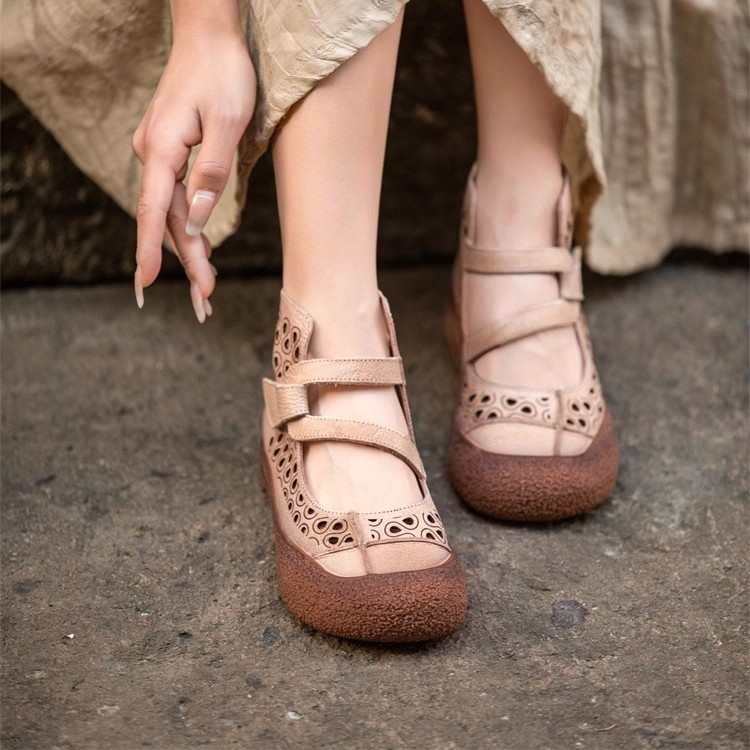 Дамски обувки Lazy с дебела подметка — дишащ PU връх, кръгла пръст, нисък профил, велкро закопчаване, ретро стил