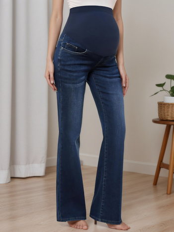 Майчин деним панталон с опора за корема, свободен крой и разширени крачоли, памук 50-70% и полиестер до 30%, лято 2025