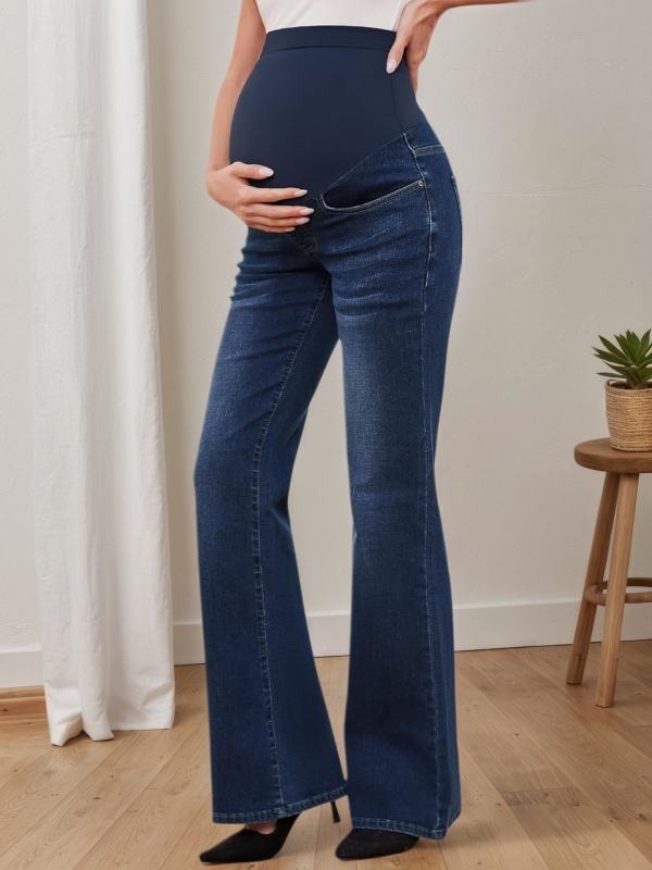 Майчин деним панталон с опора за корема, свободен крой и разширени крачоли, памук 50-70% и полиестер до 30%, лято 2025