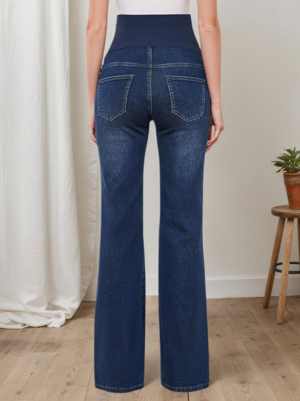 Майчин деним панталон с опора за корема, свободен крой и разширени крачоли, памук 50-70% и полиестер до 30%, лято 2025