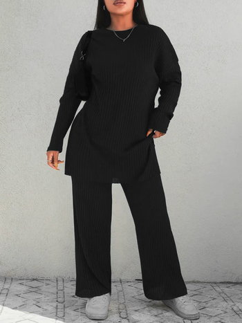 Σετ δύο τεμαχίων πλεκτό, μονόχρωμο σχέδιο, στρογγυλός λαιμός, μακριά μανίκια; πολυεστέρας με σπαντεξ, κύρια σύνθεση 95% πολυεστέρας, σπαντεξ <30%; στυλ ιαπωνικά-κορεατικά casual; Άνοιξη 2025