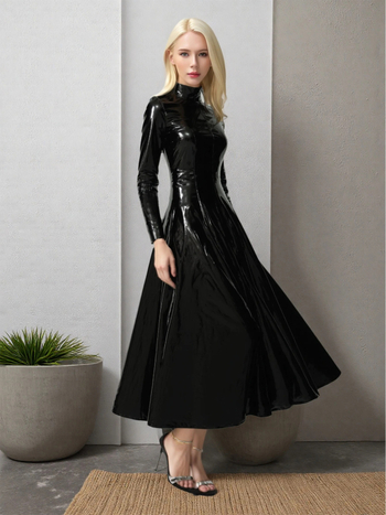 Рокля PU кожа, дълги ръкави, полувисока яка, цип