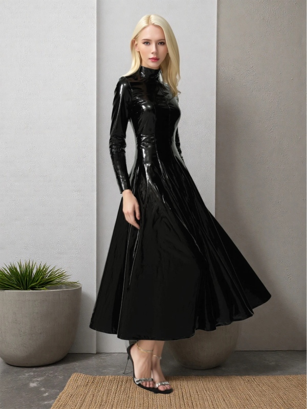 Рокля PU кожа, дълги ръкави, полувисока яка, цип