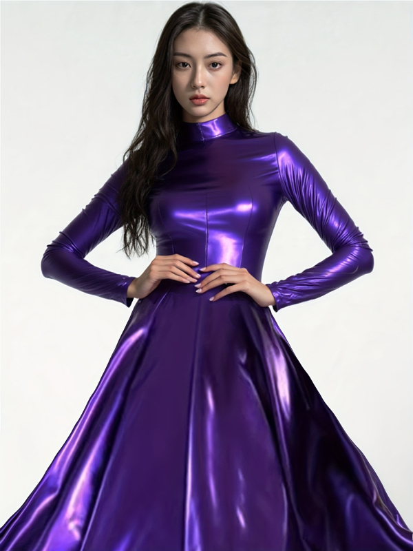 Рокля PU кожа, дълги ръкави, полувисока яка, цип