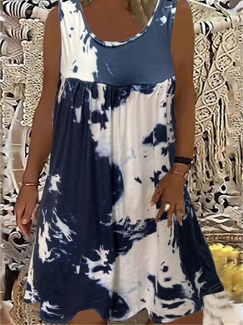 Печатена рокля без ръкави с кръгло деколте, еластична талия, полиестер-спандекс