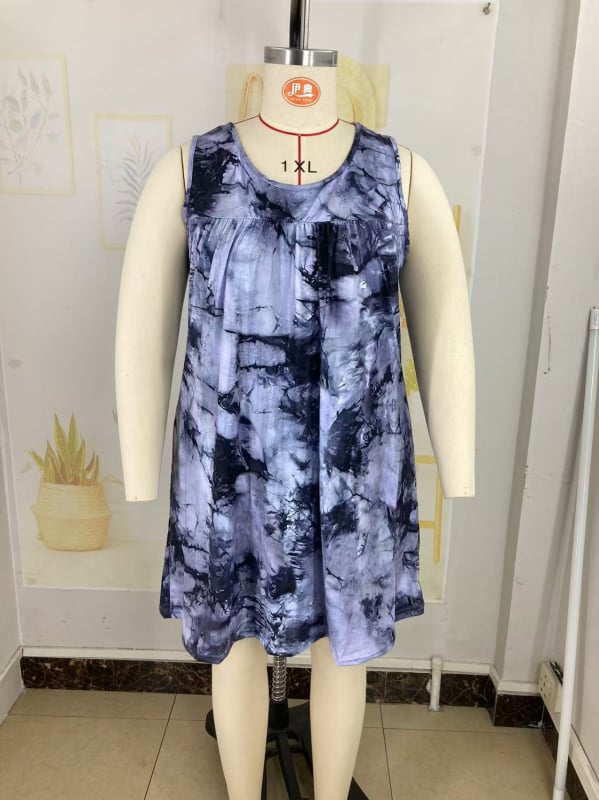 Печатена рокля без ръкави с кръгло деколте, еластична талия, полиестер-спандекс