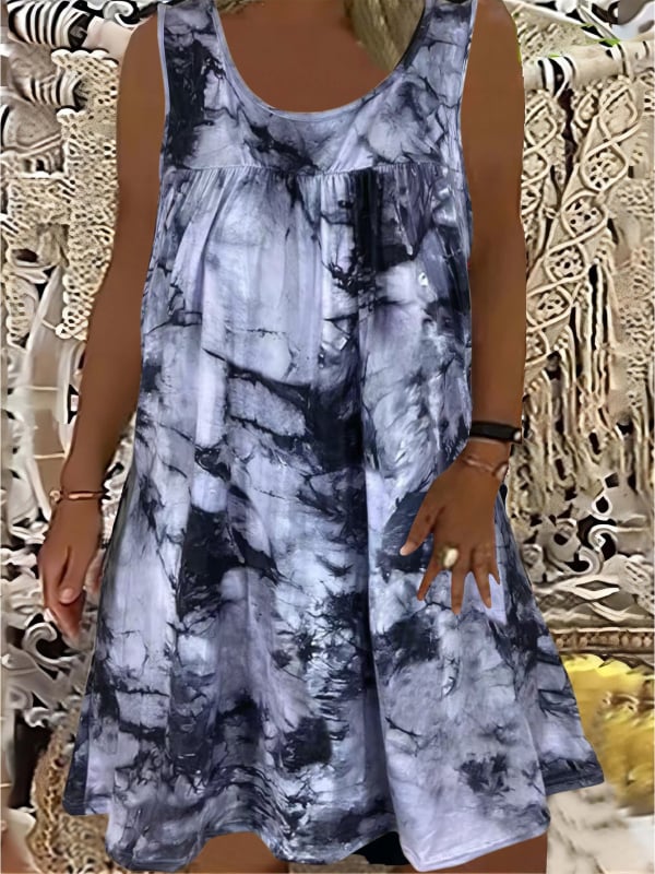 Печатена рокля без ръкави с кръгло деколте, еластична талия, полиестер-спандекс