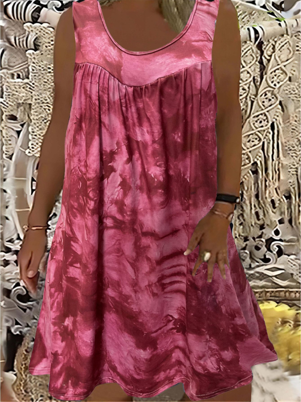 Печатена рокля без ръкави с кръгло деколте, еластична талия, полиестер-спандекс