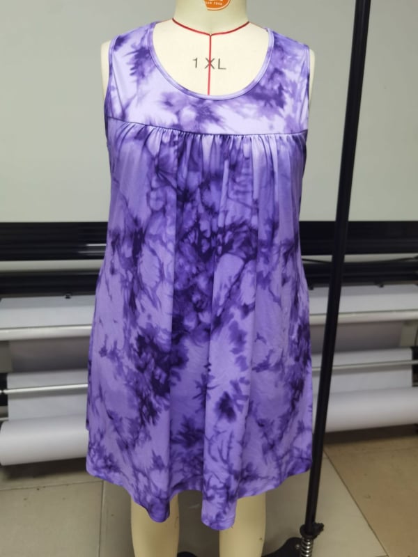 Печатена рокля без ръкави с кръгло деколте, еластична талия, полиестер-спандекс