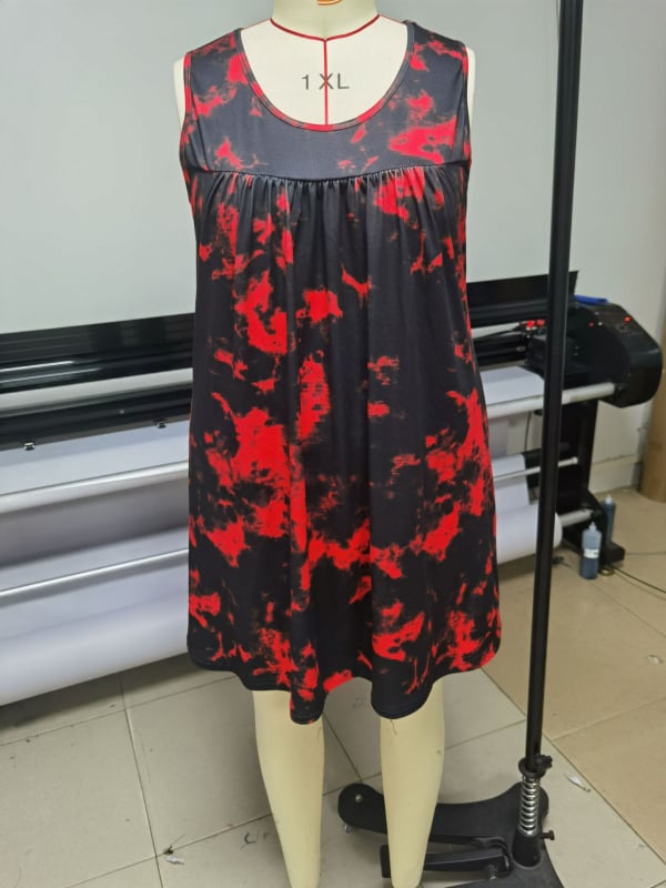 Печатена рокля без ръкави с кръгло деколте, еластична талия, полиестер-спандекс