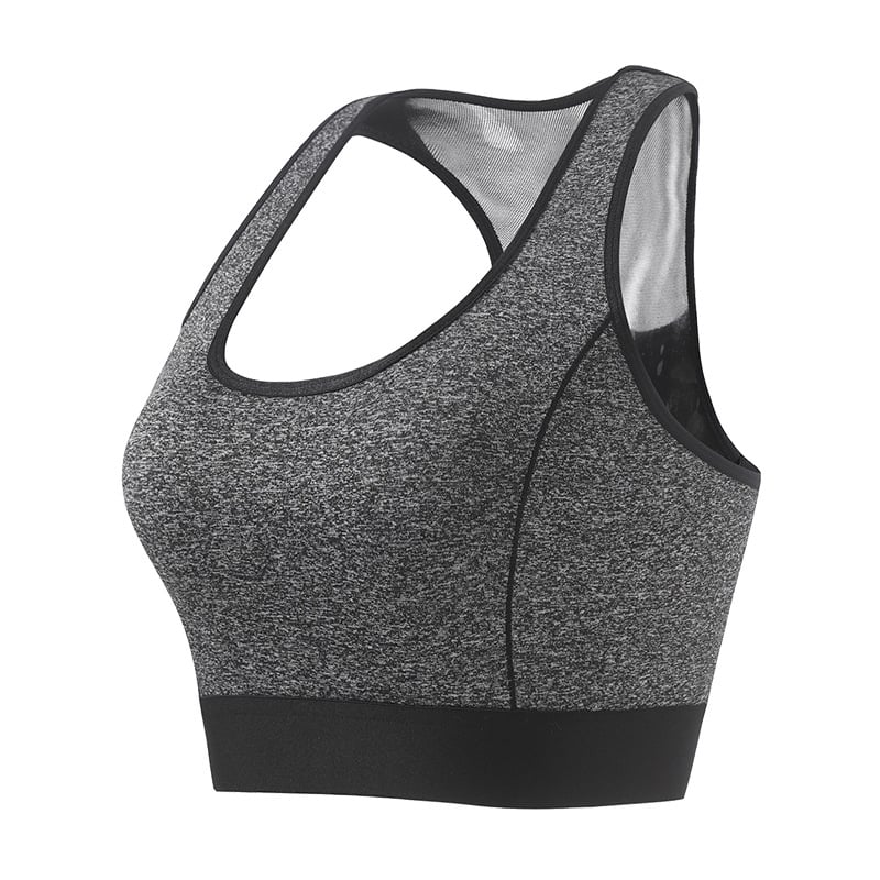 Спортен сутиен с I-образно гръбче и мрежеста вложка, нейлон основен плат, памучна подплата, пълна чашка, фиксирани двойни презрамки