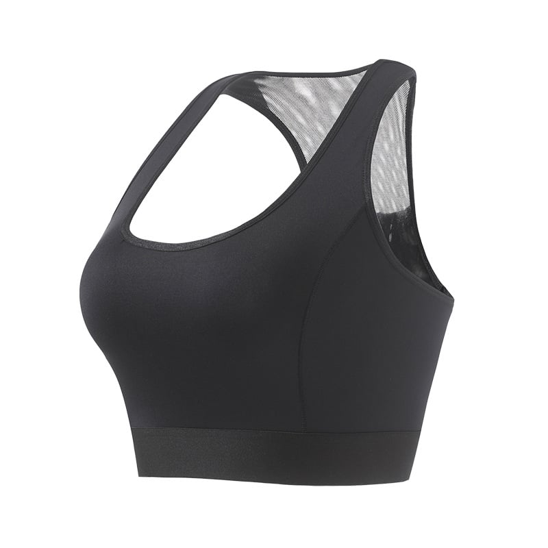 Спортен сутиен с I-образно гръбче и мрежеста вложка, нейлон основен плат, памучна подплата, пълна чашка, фиксирани двойни презрамки