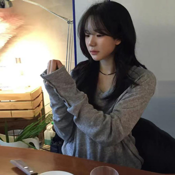 Женски плетен пуловер с качулка, V-образно деколте, дълги ръкави, свободен силует, стандартна дължина, ежедневен стил японско-корейски