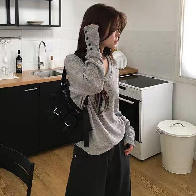 Женски плетен пуловер с качулка, V-образно деколте, дълги ръкави, свободен силует, стандартна дължина, ежедневен стил японско-корейски