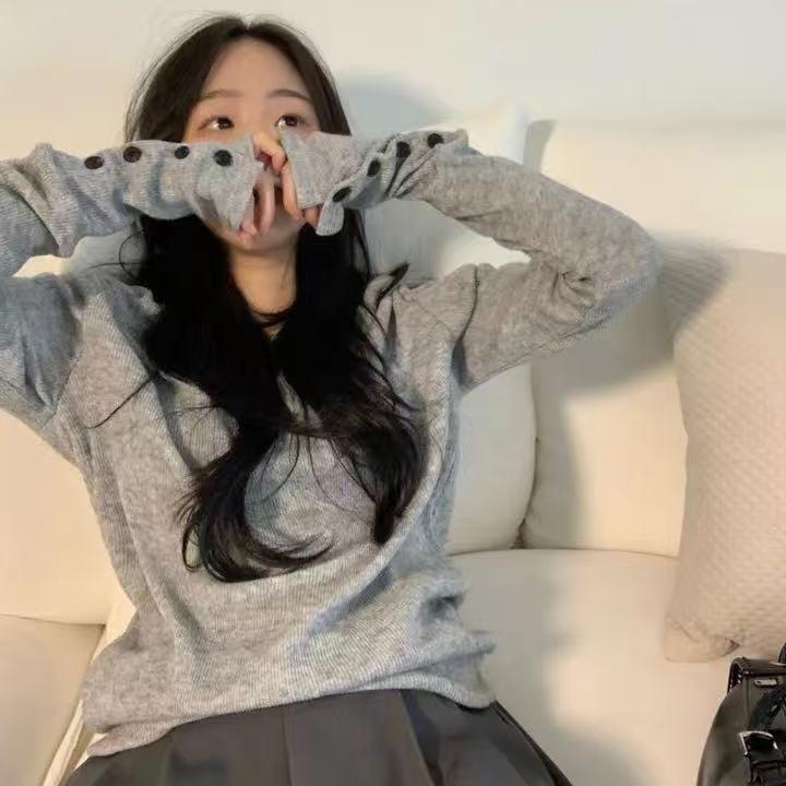 Женски плетен пуловер с качулка, V-образно деколте, дълги ръкави, свободен силует, стандартна дължина, ежедневен стил японско-корейски