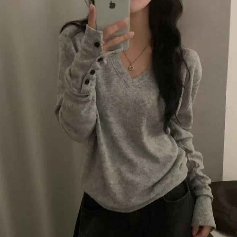 Женски плетен пуловер с качулка, V-образно деколте, дълги ръкави, свободен силует, стандартна дължина, ежедневен стил японско-корейски