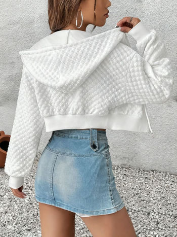 Дамски суитшърт жакет с качулка, плътен полиестер, 90–95% полиестер, цип, къса дължина, елегантен делови стил, принт