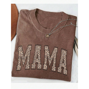 Т-шърт с кръгло деколте, средни ръкави, свободен силует, текстов принт