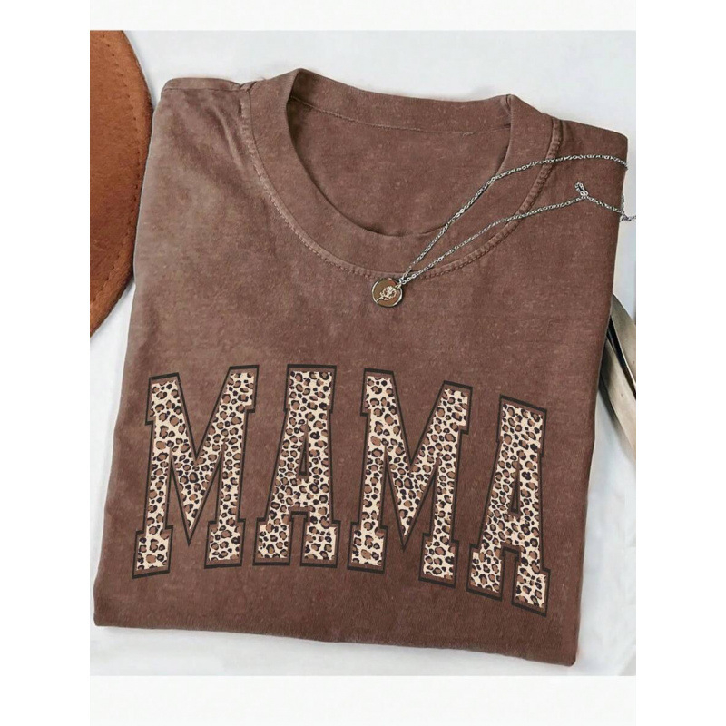 Т-шърт с кръгло деколте, средни ръкави, свободен силует, текстов принт