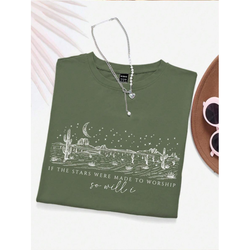 Т-шърт с кръгло деколте, средни ръкави, свободен силует, текстов принт