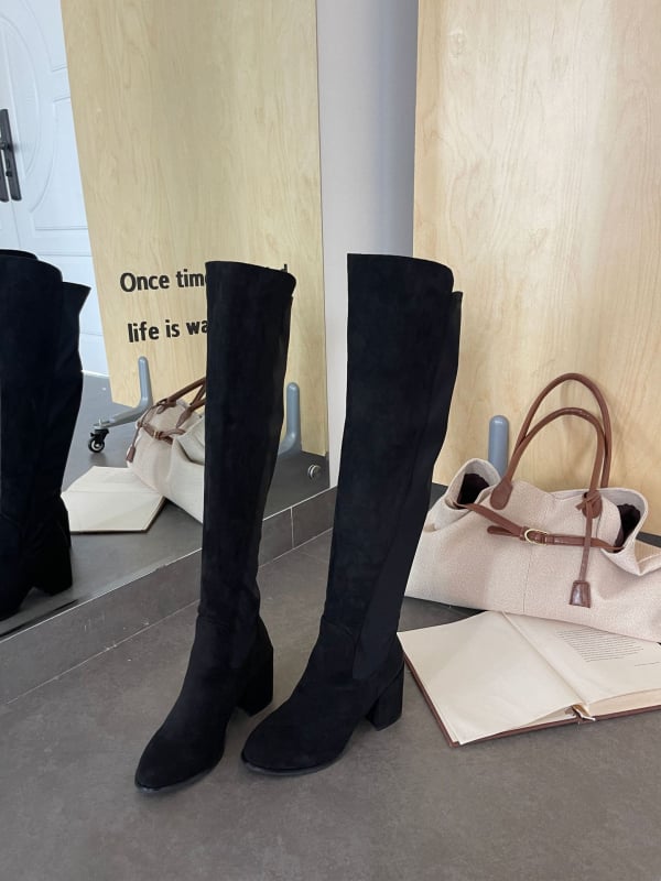 Cizme peste genunchi pentru femei, din velur nubuk, vârf rotund, toc înalt 6–8 cm, toamnă 2025