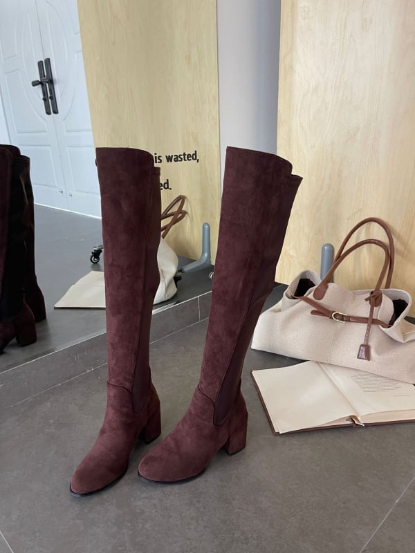 Cizme peste genunchi pentru femei, din velur nubuk, vârf rotund, toc înalt 6–8 cm, toamnă 2025