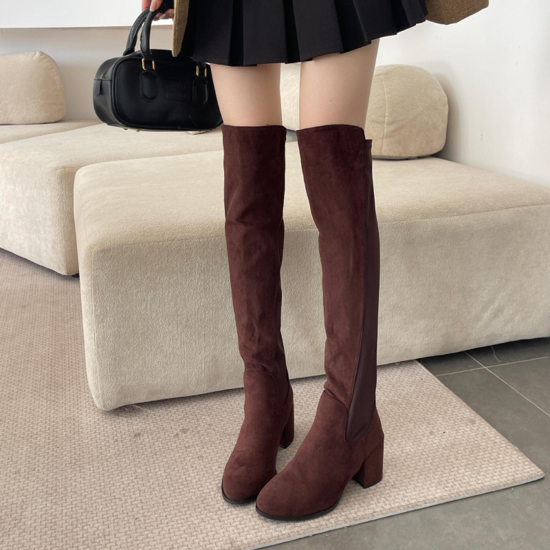 Cizme peste genunchi pentru femei, din velur nubuk, vârf rotund, toc înalt 6–8 cm, toamnă 2025