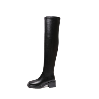 Cizme peste genunchi, vârf pătrat, toc gros 3-5 cm, PU partea superioară, sezon de iarnă