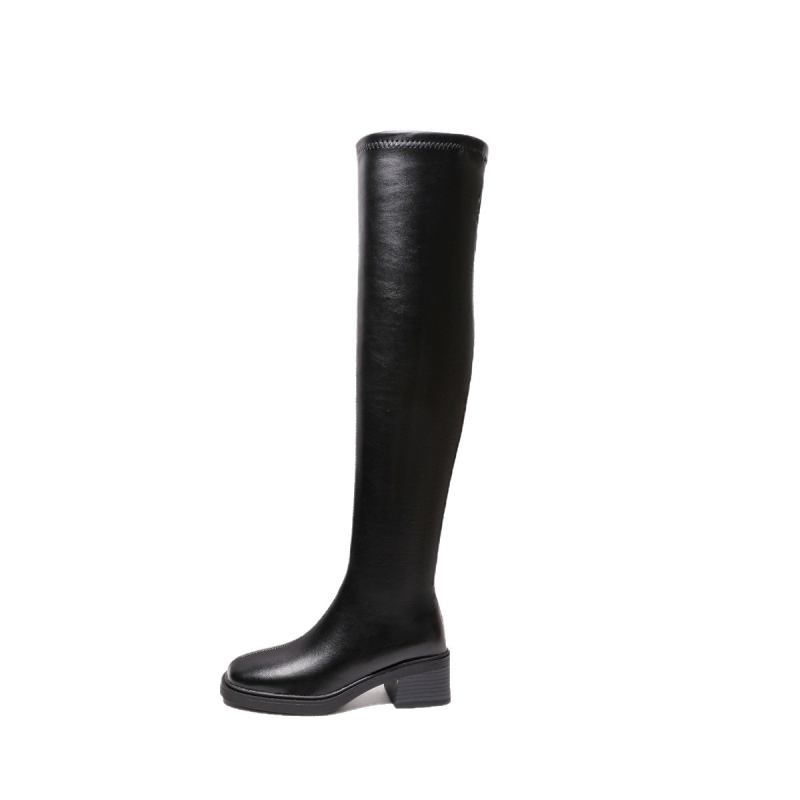 Cizme peste genunchi, vârf pătrat, toc gros 3-5 cm, PU partea superioară, sezon de iarnă