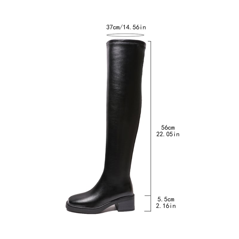 Cizme peste genunchi, vârf pătrat, toc gros 3-5 cm, PU partea superioară, sezon de iarnă