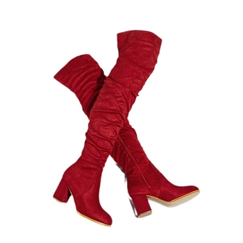 Женски замшеви ботуши до коляното със дебел ток 6–8 см, страничен цип, кръгъл нос, горна част над коляното