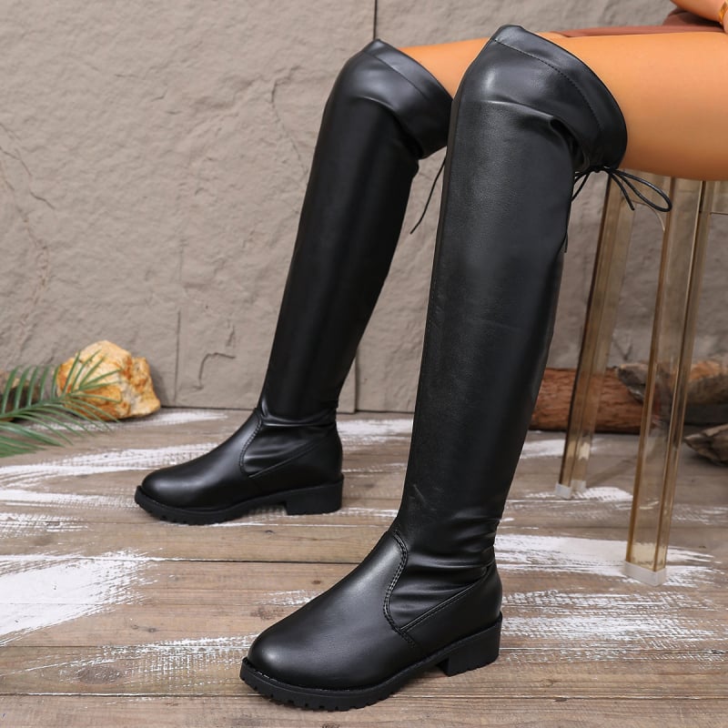 Дамски ботуши над коляното, PU горна част, гумена подметка, квадратен нос, дебел ток 3-5 cm