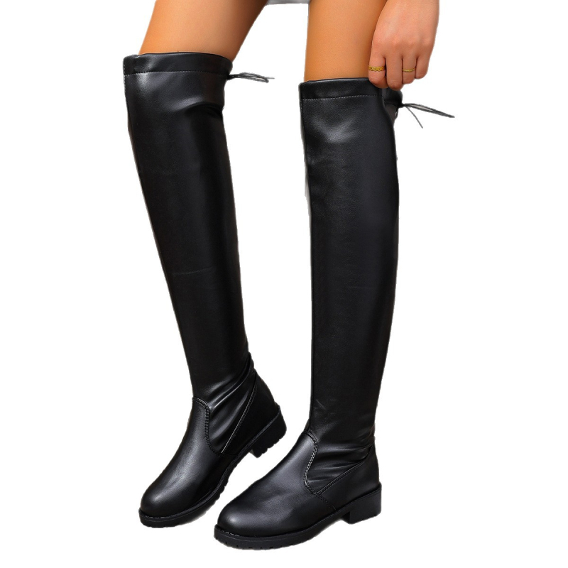 Дамски ботуши над коляното, PU горна част, гумена подметка, квадратен нос, дебел ток 3-5 cm