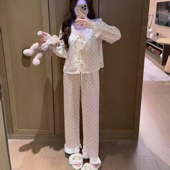 Moterų ledinio šilko pižama komplektas su ilgomis rankovėmis ir kelnais, plonas audinys, taškuotas kardiganas, patogiai namų naudojimui