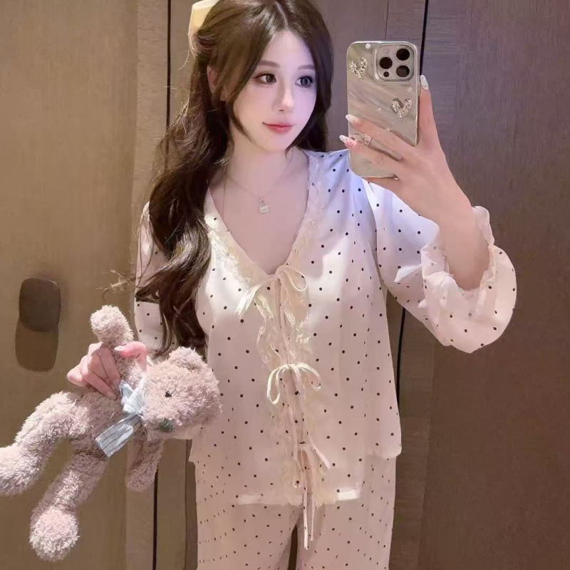 Moterų ledinio šilko pižama komplektas su ilgomis rankovėmis ir kelnais, plonas audinys, taškuotas kardiganas, patogiai namų naudojimui