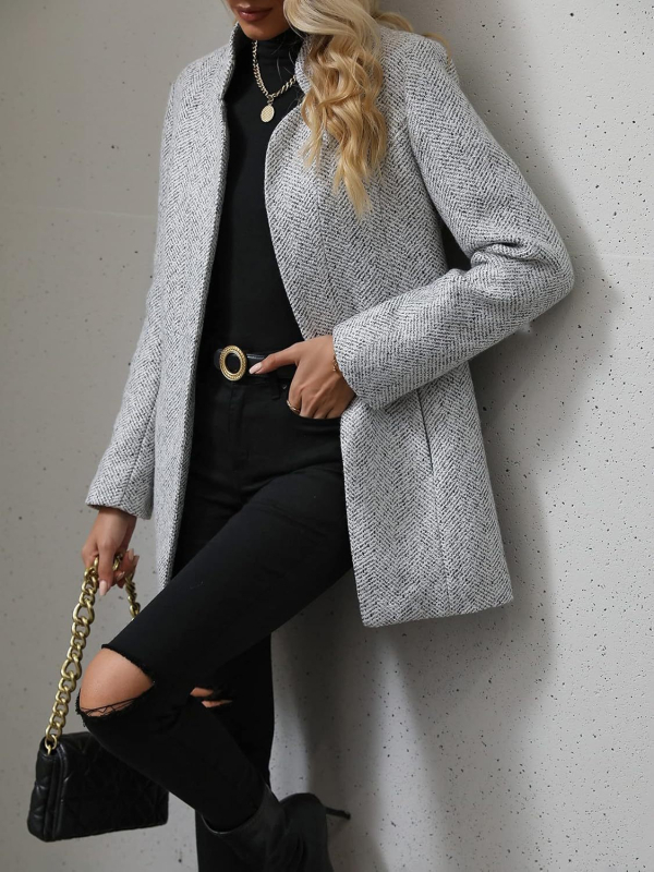 Дамско палто от имитационна вълна, тесен силует, U-образно деколте, средна дължина, дълги ръкави